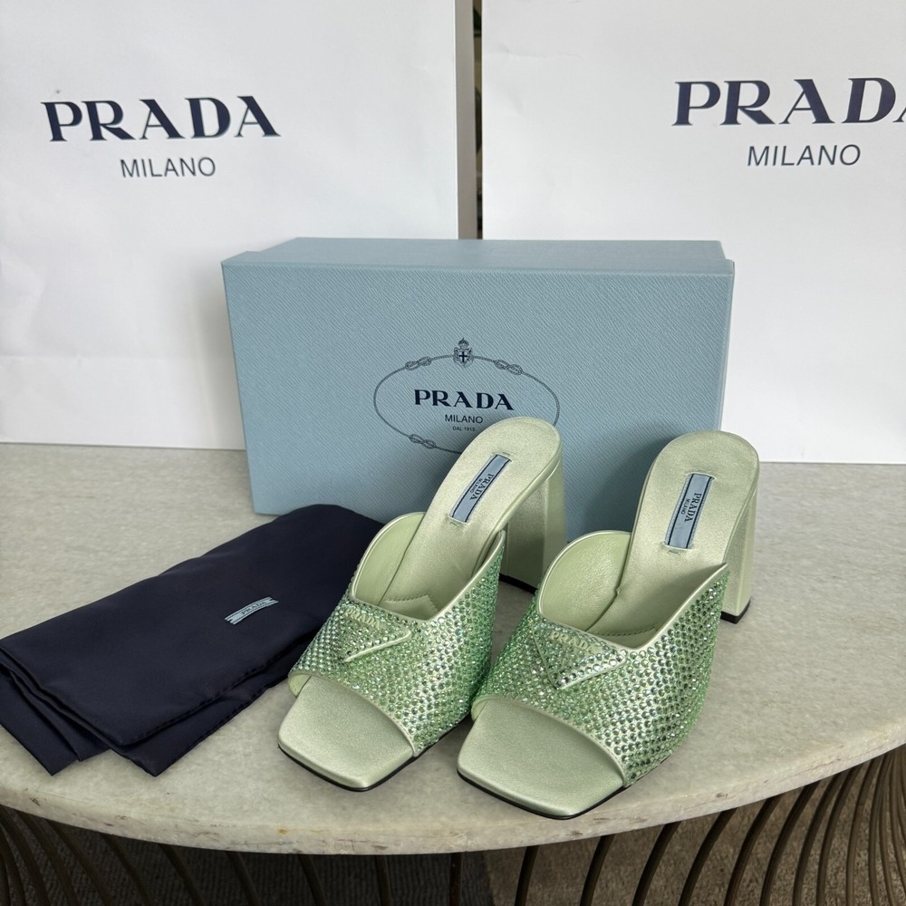Prada 1XX642 Satin Crystal Embellished Acqua Slide Heel Sandals, 36.5 - Picture 12 of 16